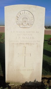 Joseph Patrick Wallis headstone at Fromelles (Pheseant Wood) Military Cemetery, France (Photograph S & H Thompson 2012)