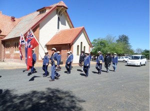Re-enactor Coo-ee marchers leaving the church service (Photograph: H. Thompson 5/10/2014)
