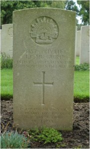 Joseph Raymond McGuire's headstone at Lijssenthoek Cemetery, Belgium (Photograph: H. Thompson 28/8/2014)