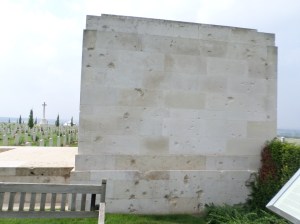Bullet holes in wall at Villers-Bretonneux Memorial (Photograph: S. & H. Thompson, 7/9/2014)