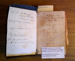 Inscription inside bible at Springwood Library (Photograph: H. Thompson 16/9/2015)