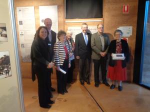 Gilgandra Shire Council Cultural Officer Kylie Moppett, Acting Mayor Cr. Ashley Walker, Gilgandra Museum & Historical Society curator Shirley Marks, Gilgandra Museum & Historical Society member Margo Piggott, Member for Parkes Mark Coulton, and Graeme Hosken and Mrs Imelda Silva. (Photograph: H. Thompson)